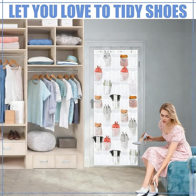 Over the Door Shoe Organizer, Cruise Essentials for Closet & Pantry,40Over The Door Shoe Organizer with Crystal Clear Pockets and Metal Hooks – Heavy Duty Hanging Shoe Storage Rack for Bathroom