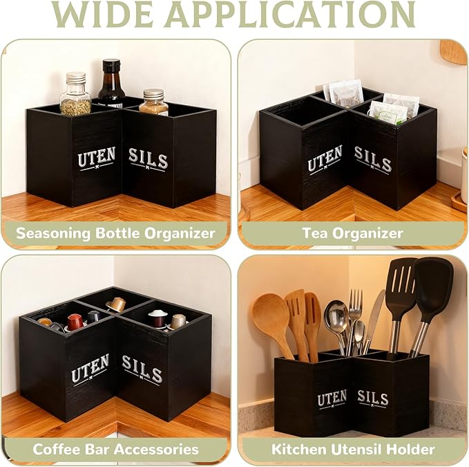 Kitchen Utensils Holder with 3 Compartments,Corner Utensil Caddy,Wooden Utensil Organizer for Countertop, Farmhouse Decor