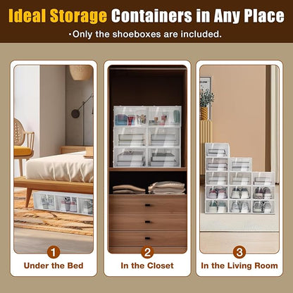 24 PCS Shoe Storage Boxes,Clear Plastic Stackable Shoe Organizer Space Saving Foldable Shoe Rack,Stackable Sneaker Organizer for Closet Bedroom Bathroom utility room, living room (24 PCS)