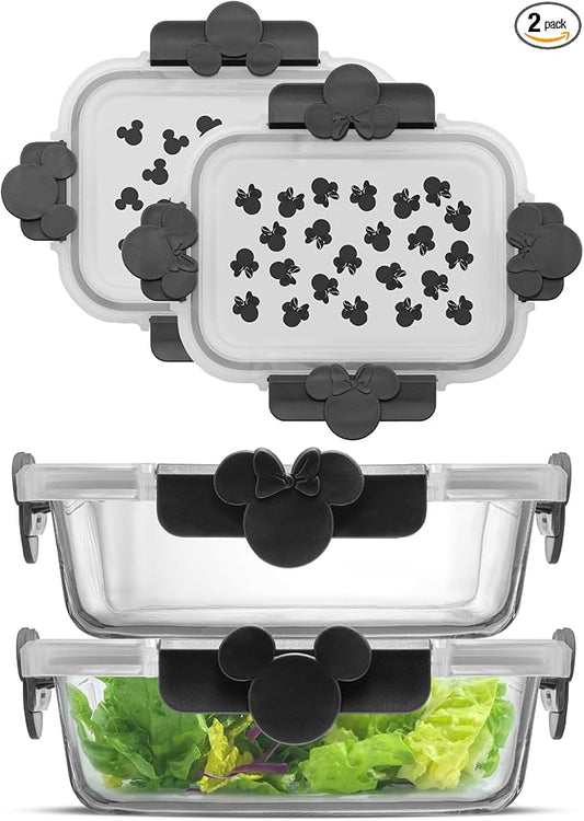 JoyJolt Disney Mickey & Minnie Glass Food Storage Containers with Lids, 2 Airtight Borosilicate Glass Storage Containers with Lids for Kitchen, Reusable Meal Prep Container, Disney Gifts | Black