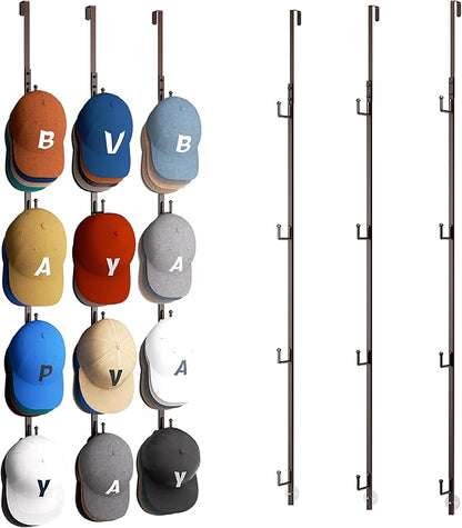 HapiRm Over Door Hat Rack - 3 Packs Hat Organizer with 12 Hooks Design, Hanging Baseball Cap Organizer Storage Holds Up to 60 Caps for Door, Bedroom, Closet (Brown)
