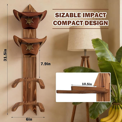 Cowboy Hat Holder for Wall, Wooden Rustic Farmhouse Hook Rack- Holds up to 4 hats(Brown)