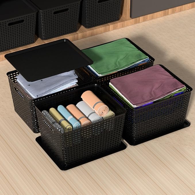 6-Pack Plastic Storage Baskets with Lid, Lidded Storage Organizer Bin, Black