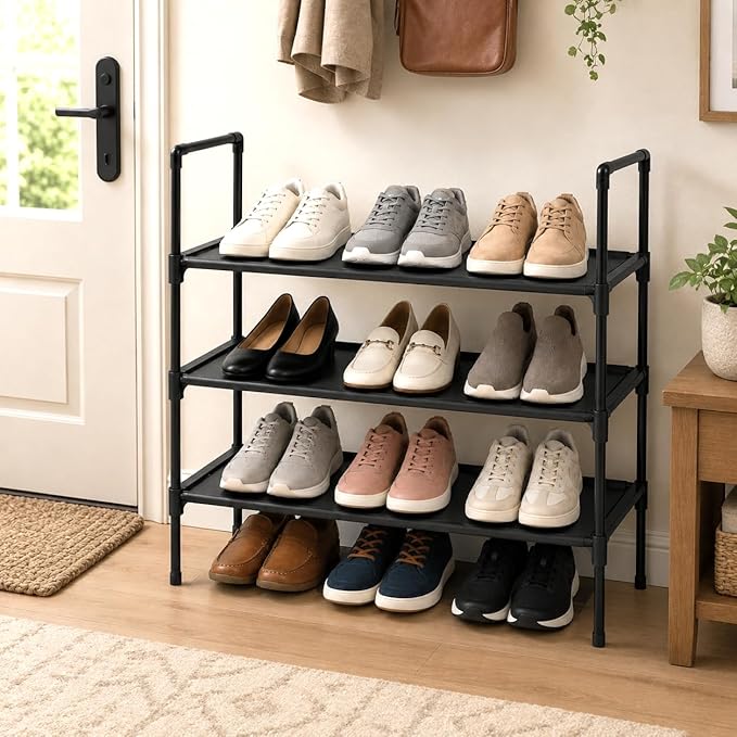 Shoe Rack Organizer, 3-Tier Shoe Rack for Closet and Entryway, Metal Shoe Storage Shelf with Fabric Shelves, Space Saving Shoe Organizer for Closet, Garage Storage, Bedroom, Hallway, Black (3-Tier)