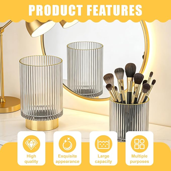 Makeup Brush Holder Organizer, Heavy Crystal Glass Brush Storage Holder, Vintage Cosmetic Make Up Bathroom Brushes Cup Pen Pencil Toothbrush Holder Striped Vase (Clear S+L)