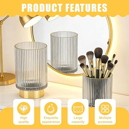 Makeup Brush Holder Organizer, Heavy Crystal Glass Brush Storage Holder, Vintage Cosmetic Make Up Bathroom Brushes Cup Pen Pencil Toothbrush Holder Striped Vase (Clear S+L)