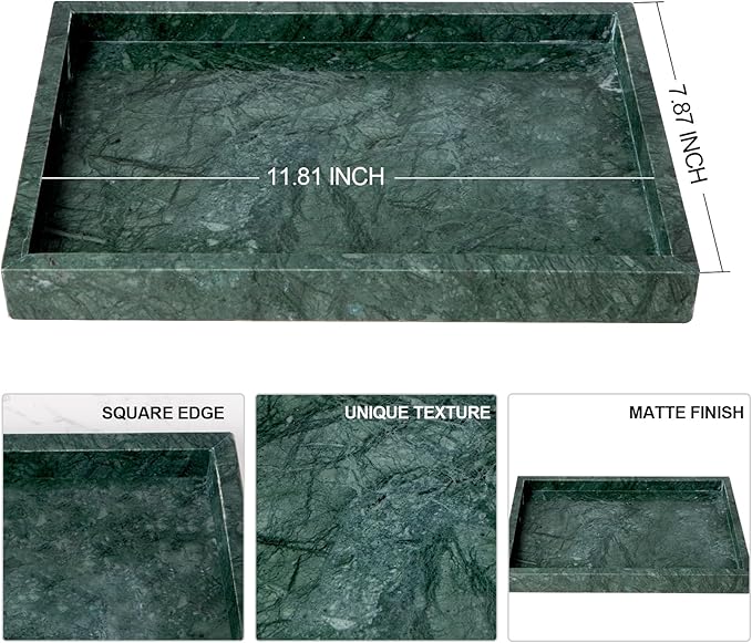 Elegant Green Marble Tray for Bathroom, 12" x 8" x 1.2" Natural Marble Serving Tray for Kitchen & Home Decor – Natural Marble Vanity Organizer