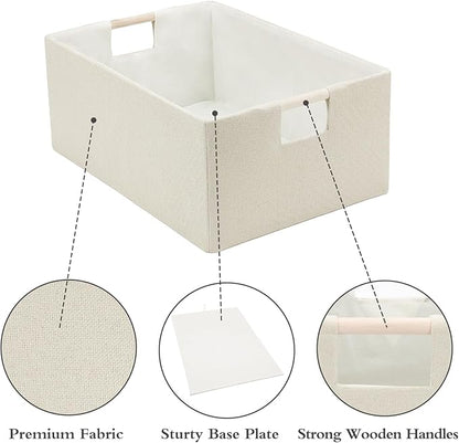 Foldable Fabric Storage Cubes, Cloth Storage Baskets with Wooden Handles, Shelf Closet Organizer Bins, Rectangular Linen Storage Boxes for Decor, 16.5 x 12.2 x 6.7 Inches