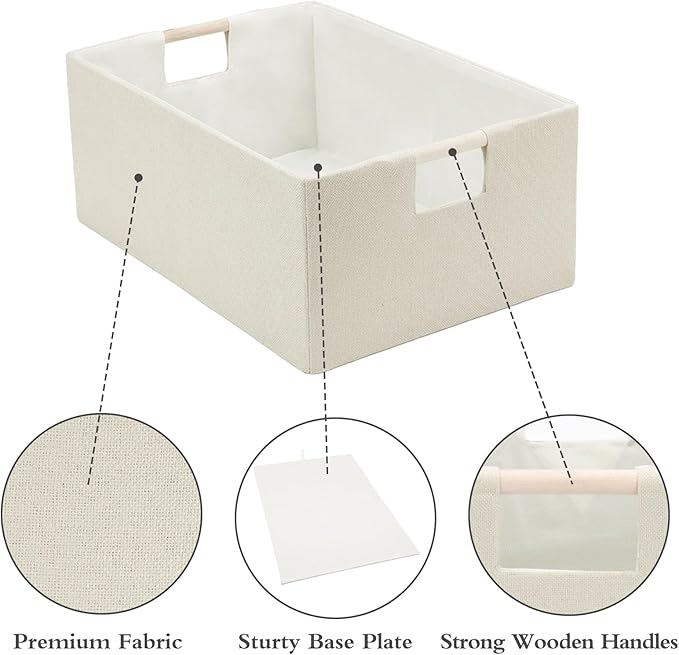 Foldable Fabric Storage Cubes, 2 Packs Cloth Storage Baskets with Wooden Handles, Collapsible Shelf Closet Organizer Bins, Rectangular Storage Boxes for Decor (Beige 2 Pack)