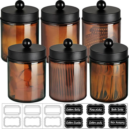 Amolliar Amber Glass Qtip Holder, Apothecary Jars with Matte Black Metal Lid & Stickers-Bathroom Qtip Dispenser Storage Organizer Set,Vanity Counter Canister for Cotton Swabs,Round Pads,Floss (6 Pack)