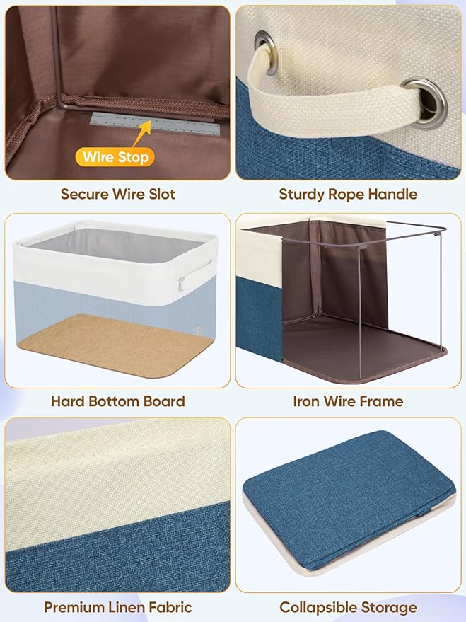 BALEINE 3 Pack Fabric Closet Storage Bins for Shelves, Linen Closet Organizers and Storage, Decorative Baskets for Organizing, Shelf, Clothes, Home, Office (Navy Blue, 14''x10''x8.5'')