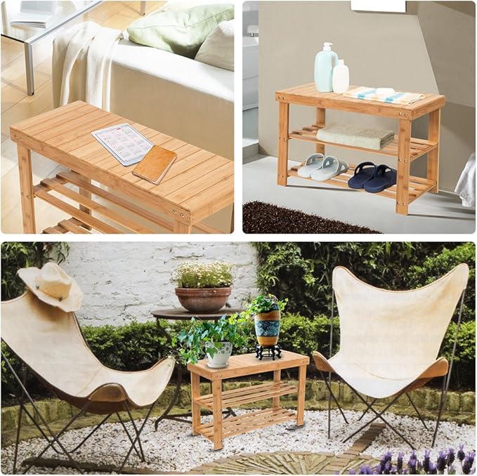 SMAGREHO Natural Bamboo Shoe Bench 2 Tier Shoe Rack Organizer Entryway Seat Storage Shelf