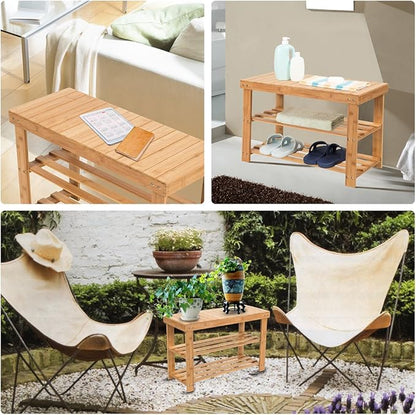 SMAGREHO Natural Bamboo Shoe Bench 2 Tier Shoe Rack Organizer Entryway Seat Storage Shelf