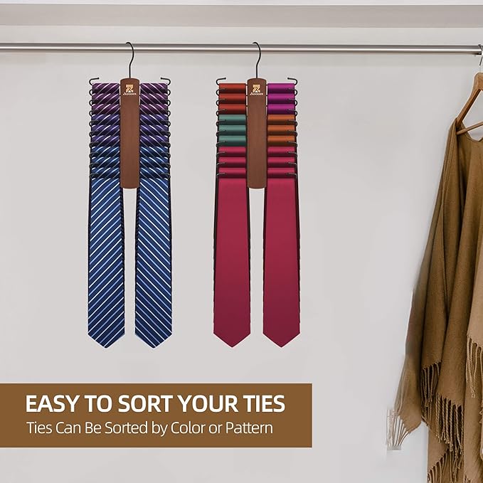 ZEDODIER 2 Packe Wooden Tie Rack, Tie Hanger for Men Closet, 40 Storage Capacity, Non-Slip Rotatable Tie Organizer, Hanging Space Saving Holder, Vintage