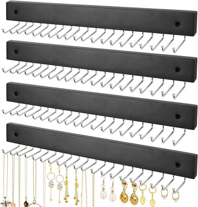4 Pack Necklace Holder Wall Mount, Hanging Jewelry Organizer with 80 Hooks Total, Space Saving Wooden Necklace Holder for Wall, Necklace Organizer Hanger for Necklaces, Bracelets, Pendant
