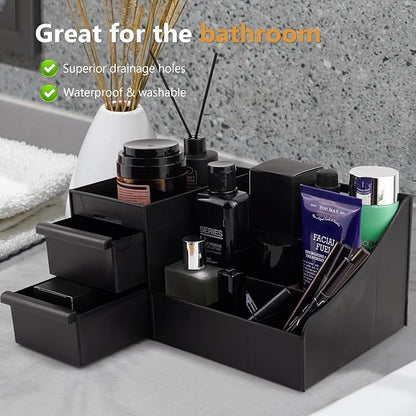 Black Vanity Organizer with Drawers – Large Mens Countertop Storage Box for Cologne, Skincare, Makeup, Perfume – Waterproof Dresser Organizer for Bathroom, Bedroom, Desk