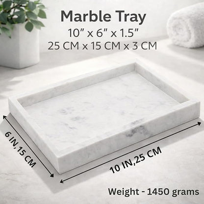 Natural White Marble Tray for Bathroom | Kitchen | Vanity | Desktop, Stone Organizer for Coffee Table, Dresser, Nightstand, Candles, Soap, Towel, Plant, Jewelry (10" x 6"), Rectangular