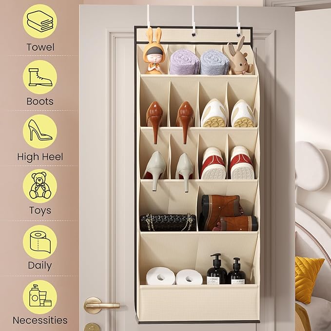 18 Pairs Over the Door Shoe Organizer, Shoe Rack for Closet Door with Large Breathable Pockets, Hanging Shoes Rack for Boots, Behind the Door Organizer Shoe Holder for Categorized Storage, Beige ﻿