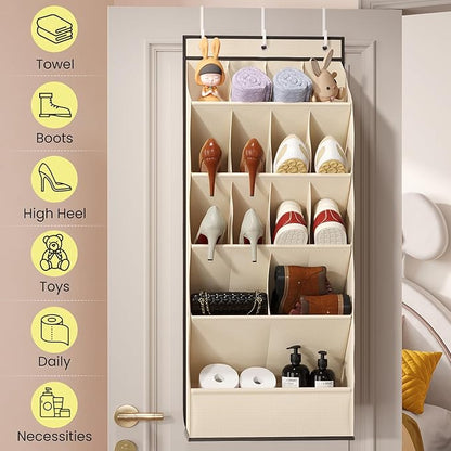 18 Pairs Over the Door Shoe Organizer, Shoe Rack for Closet Door with Large Breathable Pockets, Hanging Shoes Rack for Boots, Behind the Door Organizer Shoe Holder for Categorized Storage, Beige ﻿