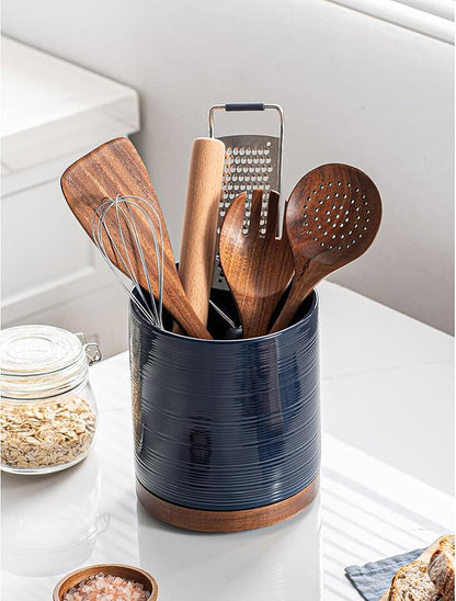 Utensil Holder, 360° Rotating Extra Large Ceramic Kitchen Utensil Holder for Countertop, 7.3“ Cooking Utensil Crocks for Kitchen Counter with Rotatable Wooden Base, Farmhouse Decor, Dark Blue