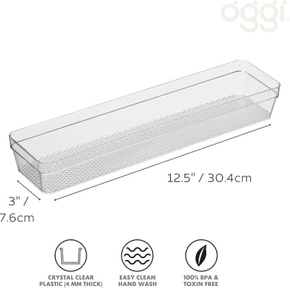 Oggi Clear Drawer Organizer - 3" X 12.5" - Ideal for Organizing Kitchen Drawers, Office, Desk, Silverware, Kitchen Utensils, Cosmetics and Bathrooms