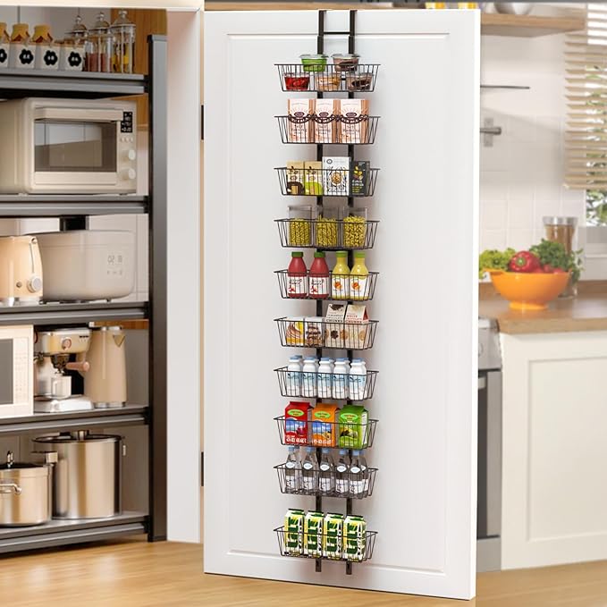 10 Tier Over the Door Pantry Organizer, Over the Door Organizer with Adjustable Baskets, Metal Hanging Door Pantry Organizers and Storage for Kitchen Bathroom Bedroom, Black