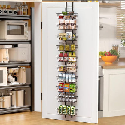 10 Tier Over the Door Pantry Organizer, Over the Door Organizer with Adjustable Baskets, Metal Hanging Door Pantry Organizers and Storage for Kitchen Bathroom Bedroom, Black