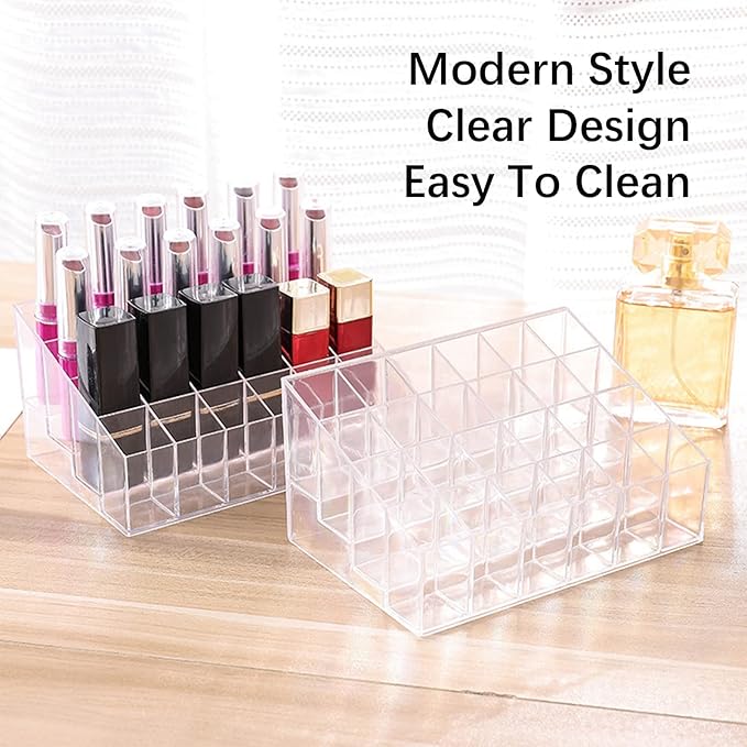 24 Spaces Lipstick Holder, Clear Acrylic Lipgloss Lipstick Organizer and Cosmetic Case Display Rack, Makeup Organizer for Lip Gloss Brushes Bottles More(6x4 Arrangement)