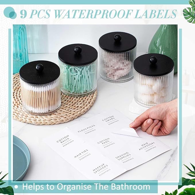 Yaomiao 4 Pcs Plastic Holder Dispenser Bathroom Jars with Black Bamboo Lids and Label Stickers, 18 oz Apothecary Canister with Fluted Design for Cotton Ball, Swab, Floss Picks House Storage
