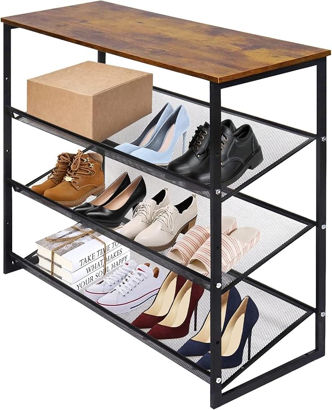 aboxoo 4-Tiers Shoes Rack Tilting Adjustable Freestanding Shoe Rack Large 9 Pairs 25.2 in Storage Organization Brown Wood Metal for Entryways, Hallways, Closets, Dormitory Rooms, and Industries