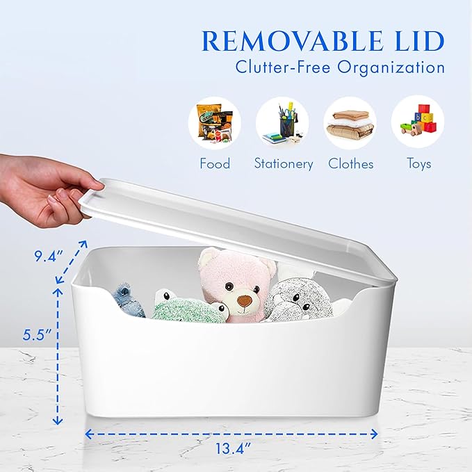White Small Storage Bins with Lids 2 Pack for Organization for Pantry Bathroom Shelves Closet Cabinets, Stackable Plastic Storage Basket with Lid, Lidded Organizing Bin Containers for Shelf and Crafts