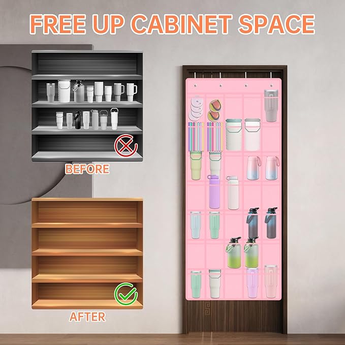 NiHome Multi-Functional 35 Pockets Door Hanging Organizer Fit for Stanley Tumbler in Kitchen, Pantry, Bathroom, Large Capacity Elastic Mesh Secure Storage Water Bottle Cup Holder, Foldable (Pink)