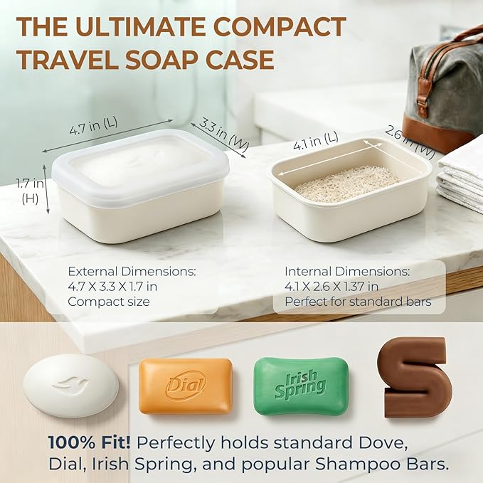 AIMAIAIMAI Compact Leakproof Travel Soap Case, Shatterproof Silicone Travel Soap Container with Draining Pad, Great for Outdoor, Camping, Gym (Off-White)