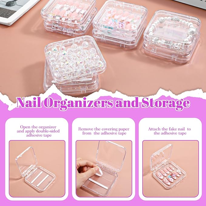8 Pcs Press on Nail Storage, Clear Acrylic Press on Nail Boxes, Nail Container with 30 Pcs Double-Sided Tape for Fake Nail Display and Salon Supplies