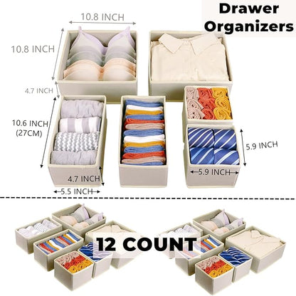 Fordonral 12 Pack Drawer Organizer Clothes, Foldable Fabric Dresser Organizer Closet Organizers and Storage Box for Underwear,Folded Clothes,Baby Clothing,Socks,Bra,Towels,Ties(12 Pack,Beige)