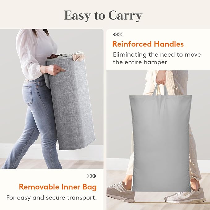 Lifewit Slim Laundry Basket with Lid, Narrow Large Laundry Hamper with Plastic Handles and Removable Bag, Tall Foldable Dirty Clothes Hampers for Laundry Room, Bedroom, Bathroom, Dorm, 75L Gray