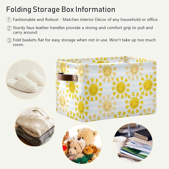 Cute Sunshine Storage Basket Bin, Large Cube Storage Box Canvas Collapsible Storage Organizer for Home Office Closet - 15 L x 11 W x 9.5 H