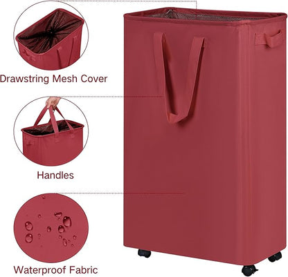 efluky Slim Laundry Hamper with Wheels, Rolling Laundry Basket for Clothes, Small Laundry Basket for Bedroom, Dorm and Laundry Room, 75L (19.8 Gallons) Burgundy Red
