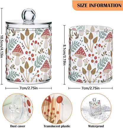 2 Pack Apothecary Jars Bathroom Mushroom Leaves Qtip Holder Dispenser Clear Plastic Storage Canister Jar with Lid for Cotton Ball, Cotton Swab
