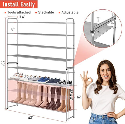 MISSLO 4 Tier Long Shoe Organizer for Closet Shoe Rack for Bedroom Closet Floor Shoe Shelf for Entryway Storage Stackable Wide Shoe Shelf Stores 30 Pairs of Men Sneakers, Grey