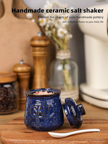 Salt & Pepper Bowl with Lid and Spoon, 10 OZ Ceramic Spices Cellar for Kitchen Counter top, Farmhouse Kitchen Decor (Vntage Blue, 4.3" Label Salt)