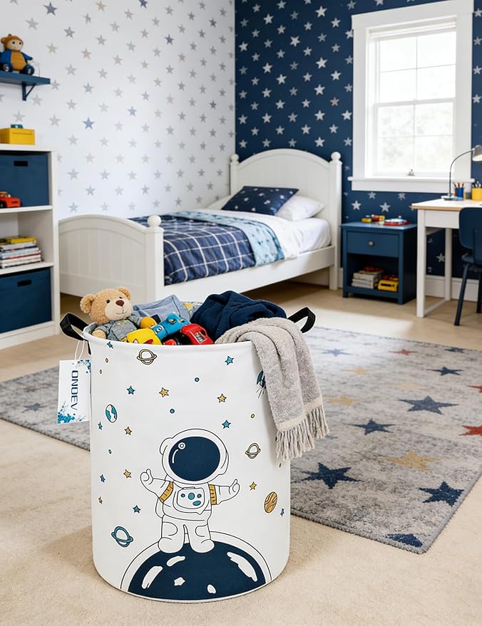 Round Space Astronaut Laundry Basket, Collapsible Laundry Hamper for Boys, Cute Galaxy Storage Bin, Waterproof Toy Storage for Kids Room, Nursery, Playroom, Boys Birthday Gift(Star astronaut)