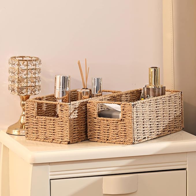 Vagusicc Wicker Storage Basket, Set of 2 Hand-Woven Paper Rope Wicker Basket, Small Storage Baskets for Organizing Toilet Paper, Foldable Large Cube Storage Organizer Bins for Shelves (Natural)