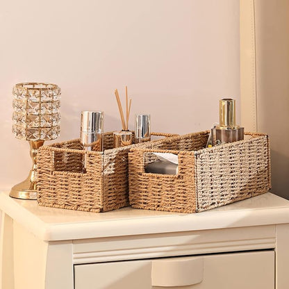 Vagusicc Wicker Storage Basket, Set of 2 Hand-Woven Paper Rope Wicker Basket, Small Storage Baskets for Organizing Toilet Paper, Foldable Large Cube Storage Organizer Bins for Shelves (Natural)