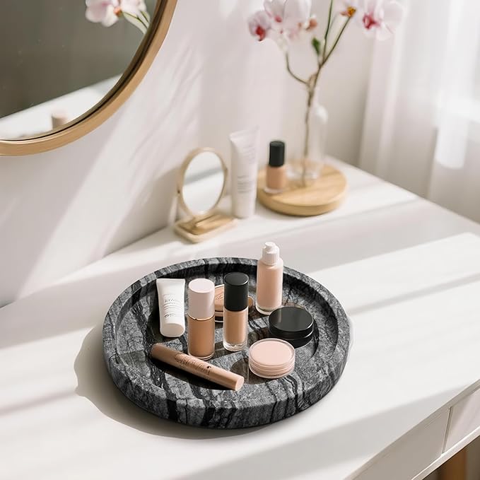 Natural Marble Vanity Tray for Bathroom Bedroom Kitchen Dresser, Round Decorative Trays for Jewelry, Perfume, Cosmetic, Candle, Countertop Storage Organizer for Home Decor Gray Black (WH017)