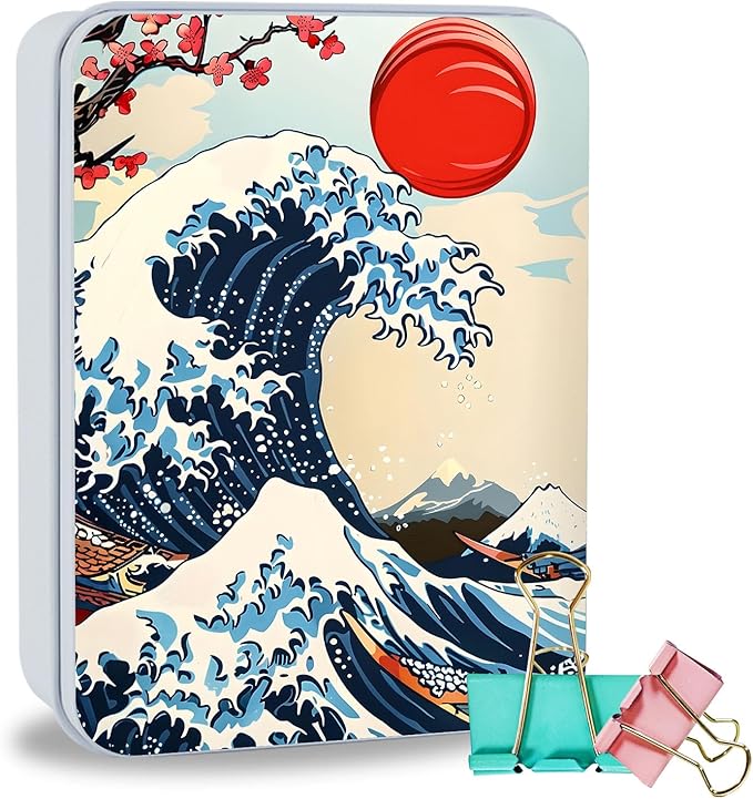 Metal Tin Box Sturdy Metal Storage Box with Lid, Large Container Holder for TCG Cards,Car Keys,Cookies,Tin Containers for Gift,5.0x3.7x1.6 Inch,Exquisite Pattern Design(Waves Sun)