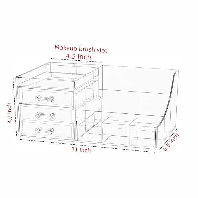 Cq acrylic 1 Pack Clear Make Up Organizer Countertop,Stackable 3 Drawers Makeup Storage,Cute Vanity Organizers for Dresser Hair Clip,Jewelry,Beauty Product Desk and Bathroom Organizers and Storage