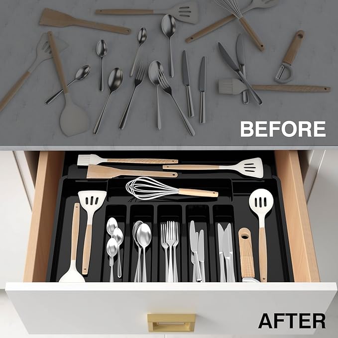 Large Silverware Organizer, Expandable BPA Free Kitchen Silverware Drawer Organizer, 9 Slots Cutlery Utensil Tray with Dividers, Adjustable Flatware Storage Holder for Spoons Forks Knives