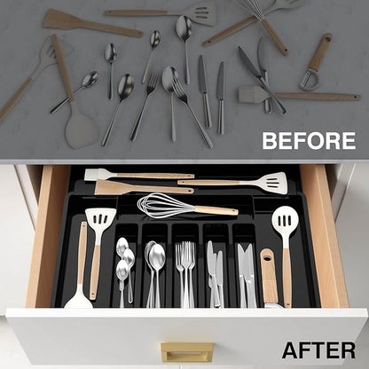 Large Silverware Organizer, Expandable BPA Free Kitchen Silverware Drawer Organizer, 9 Slots Cutlery Utensil Tray with Dividers, Adjustable Flatware Storage Holder for Spoons Forks Knives