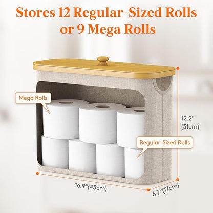 Lifewit Toilet Paper Storage Holder for 9 to 12 Rolls, Free Standing Toilet Paper Basket Stand with Bamboo Lid, Collapsible Fabric Bathroom Organizer Box for Mega Rolls, 23L, Large, White, Beige